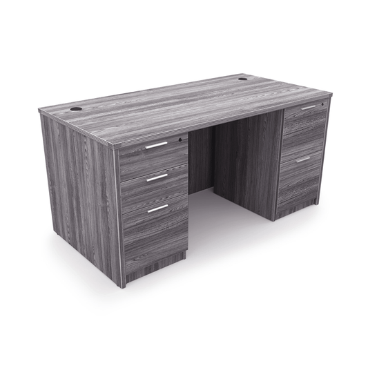 Visit Capital Choice for this sturdy five-drawer desk. Fits three monitors, has smooth drawers & comes in five stylish laminate finishes.